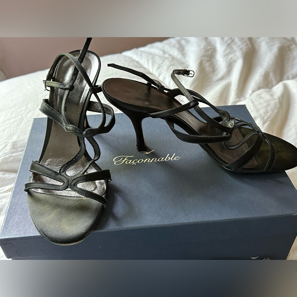 FACONNABLE beautiful black strappy heels, great worn condition, size 8.5 women’s